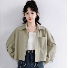 2025春季新款卡其色工装长袖衬衫女春秋宽松短款衬衣百搭休闲上衣